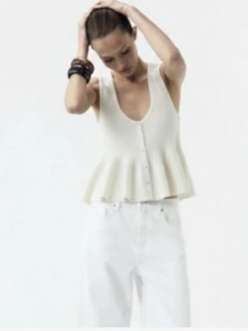 New Zara White Peplum Boho Romantic Scoop Button Y2K Coquette Stretch Vest Top S